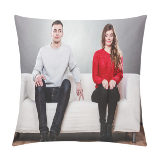 Personality  Shy Woman And Man Sitting On Sofa Pillow Covers