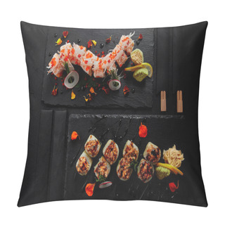 Personality  Top View Of Roll In Mamenori With Shrimp, Salmon And Avocado In Sauce Nigiri And Roll With Creamy Eel And Kimchi Mayonnaise  Pillow Covers