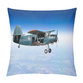 Personality  Small Aircraft Turboprop Biplane At High Altitude In The Sky Above The Ground With An Open Door. Pillow Covers