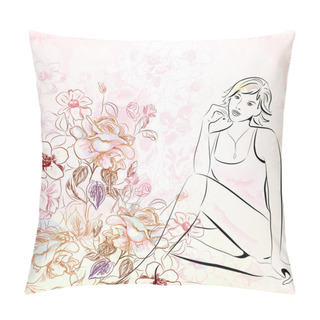Personality  Girl Over Floral Background Pillow Covers