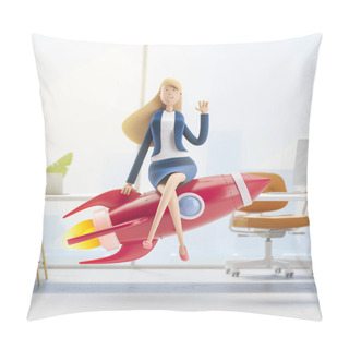 Personality  3d Illustration. Young Business Woman Emma With Rocket In The Office Interior. Business Concept Career Boost, Start Up And Growth Pillow Covers