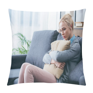 Personality  Depressed Woman Sitting On Couch And Holding Pillow At Home Pillow Covers