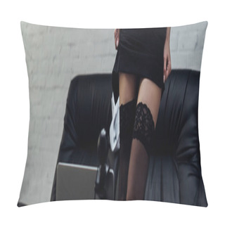 Personality  Panoramic Shot Of Seductive Woman In Stockings And Shirt Standing In Front Of Web Camera  Pillow Covers