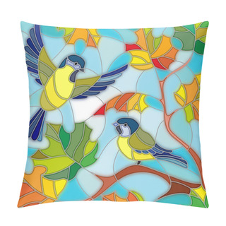 Personality Illustration In Stained Glass Style On The Theme Of Autumn, Two Tits In The Sky And Maple Leaves Pillow Covers