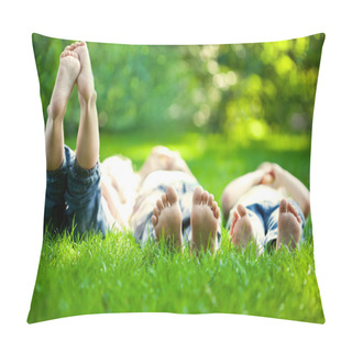 Personality  Happy Children Lying On Green Grass Pillow Covers
