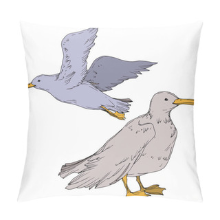 Personality  Vector Sky Bird Seagull Isolated. Black And White Engraved Ink Art. Isolated Seagull Illustration Element. Pillow Covers