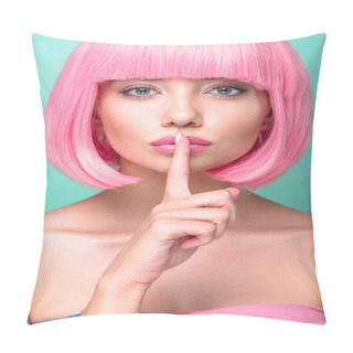 Personality  Close-up Portrait Of Young Woman With Pink Bob Cut Showing Silence Gesture And Looking At Camera Isolated On Turquoise Pillow Covers