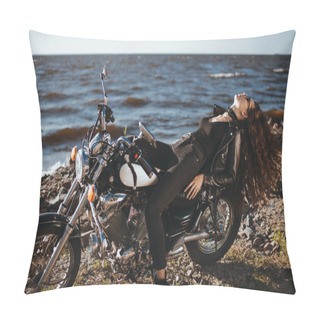 Personality  Beautiful Curly Girl Resting On Classic Cruiser Motorbike Pillow Covers