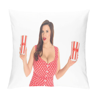 Personality  Excited Plus Size Woman In Red Dress With Popcorn Boxes Isolated On White Pillow Covers