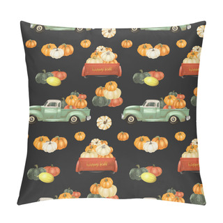 Personality  Seamless Pattern Of Old Trucks With Pumpkins Illustration On Dark Background Pillow Covers