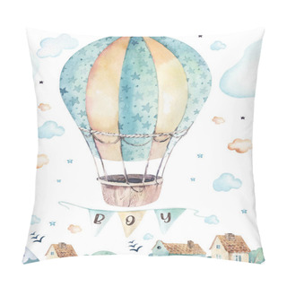 Personality  Watercolor Set Background Illustration Of A Cute Cartoon And Fancy Sky Scene Complete With Airplanes, Helicopters, Plane And Balloons, Clouds. Boy Seamless Pattern. Its A Baby Shower Design Pillow Covers