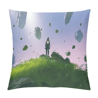 Personality  A Spaceman Standing On A Hill Surrounded By Floating Rocks, Digital Art Style, Illustration Painting Pillow Covers