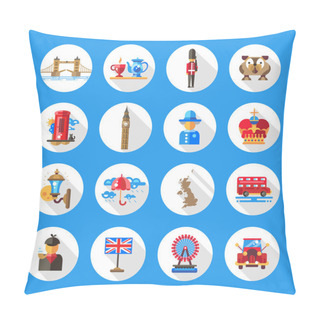 Personality  Set Of Flat Design England Travel Icons, Infographics Elements With Landmarks And Famous London, United Kingdom Symbols  Pillow Covers