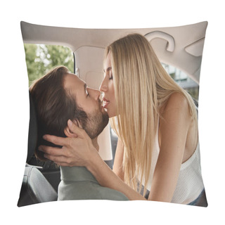 Personality  Attractive Blonde Woman With Closed Eyes Kissing Man On Drivers Seat In Modern Car, Love Affair Pillow Covers