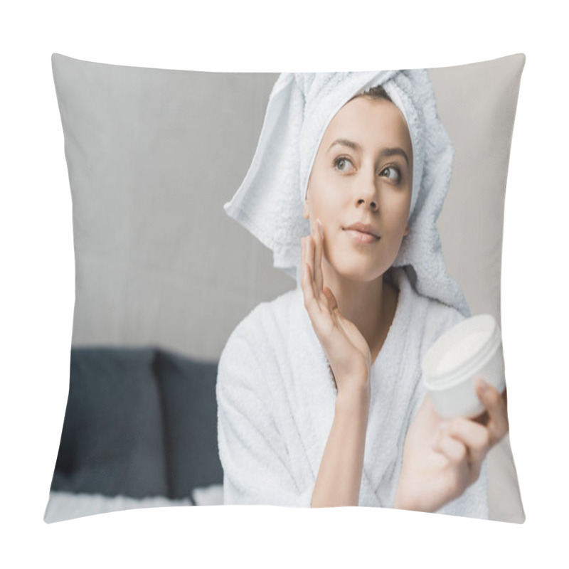Personality  Beautiful Girl With Towel On Head Applying Cosmetic Cream On Face Pillow Covers