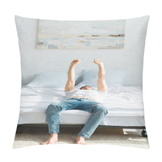 Personality  Man In T-shirt And Jeans Lying With Raised Hands On Bed In Bedroom  Pillow Covers