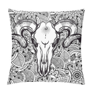 Personality  Beautiful Hand Drawn Romantic Tattoo Style Bull Skull. Zentangle High Detailed Floral Background. Ethnic Design, Mystic Tribal Boho Symbol. Pillow Covers