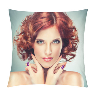 Personality  Redhead Woman With Bright Makeup And Manicure Pillow Covers