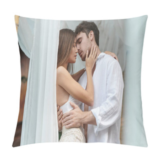 Personality  Tender Couple Before Kiss, Handsome Man Embracing Woman Near White Tulle Of Private Pavilion Pillow Covers