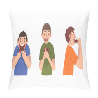 Personality  Young Guy Greedily Eating Bar Of Chocolate Vector Set Pillow Covers