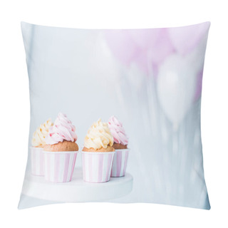 Personality  Selective Focus Of Stand With Delicious Cupcakes In Front Of Bunch Of Air Balloons Pillow Covers