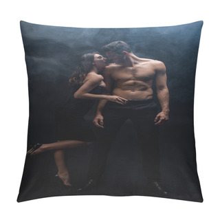 Personality  Full Length Of Sensual Woman Touching Belt Of Muscular Man On Black Background With Smoke Pillow Covers