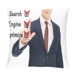 Personality  Partial View Of Businessman In Suit Pointing With Finger At Seo Tips Illustration  Pillow Covers