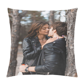 Personality  Selective Focus Of Woman Kissing Boyfriend In Leather Jacket With Bottle Of Wine In Forest  Pillow Covers