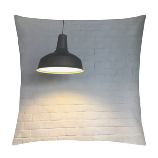Personality  Black Fixture Of Lamp Hanging On Ceiling And Have White Bricks Wall Is Background For Interior Decoration Design. Pillow Covers