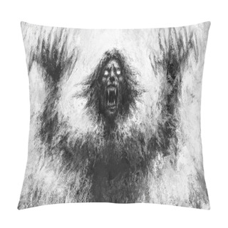 Personality  Scary Screaming Zombie Attacking With Hands Up. Terrible Illustration On Black And White Color Background. Horror Genre With Coal And Noise Effect. Freehand Digital Drawing Concept. Pillow Covers