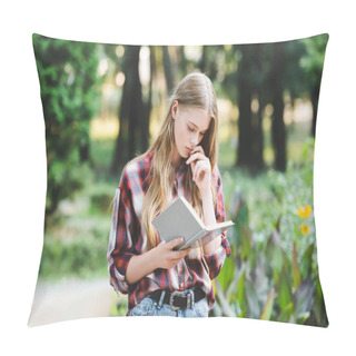 Personality  Focused Young Girl In Casual Clothes Reading Book Pillow Covers