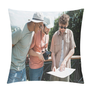 Personality  Young Tour Guide In Sunglasses Showing Map To Interracial Tourists In Sun Hats During Excursion In City Park Pillow Covers