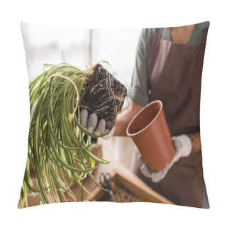 Personality  Cropped View Of African American Florist Holding Flowerpot And Green Plant While Working In Flower Shop Pillow Covers