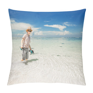Personality  Happy Young Boy Staying In The Ocean Water On Beautiful Beach Wearing Hat And Sunglasses. Pillow Covers