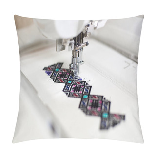 Personality  Close Up Of Sewing Machine Creating Colorful Abstract Geometrical Pattern On White Fabric  Pillow Covers