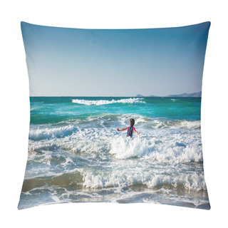 Personality  Rear View Of Boy Amidst Sea Waves At Crete, Greece, Europe Pillow Covers