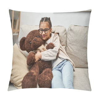 Personality  Happy Girl In Casual Wear And Eyeglasses Hugging Soft Teddy Bear And Sitting On Sofa In Living Room Pillow Covers