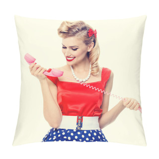 Personality  Smiling Woman With Phone, Dressed In Pin-up Style Dress Pillow Covers