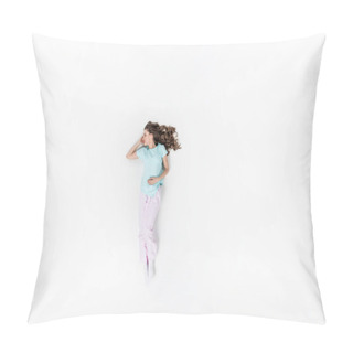 Personality  Top View Of Beautiful Young Woman In Pajamas Sleeping Isolated On White Pillow Covers