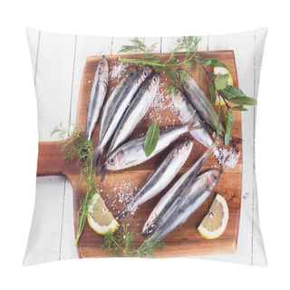 Personality  Fresh Sprat Fish On A White Wooden Background. Top View Pillow Covers