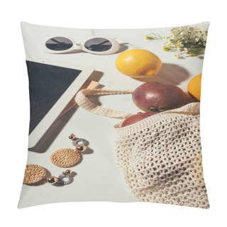 Personality  Close-up View Of Digital Tablet, Sunglasses, Earrings, Flowers And String Bag With Fresh Tropical Fruits Pillow Covers