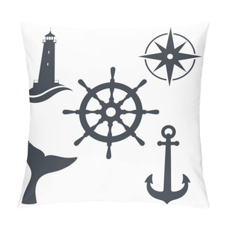 Personality  Marine Travel Topic Graphic Set Symbols. Nautical Signs Isolated On White Background. Vector Illustration Pillow Covers