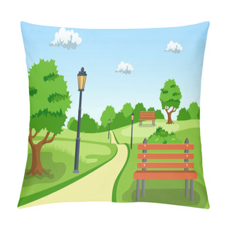 Personality  Bench With Tree And Lantern In The Park. Vector Illustration In Flat Style. Summer City Park Panorama Vector Illustration. Pillow Covers