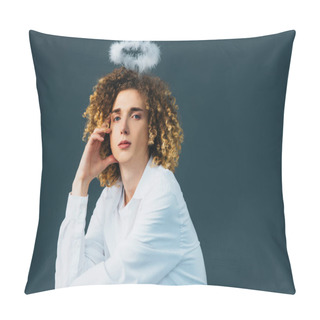 Personality  Dreamy Curly Teenager In Angel Costume With Halo Above Head Isolated On Green Pillow Covers