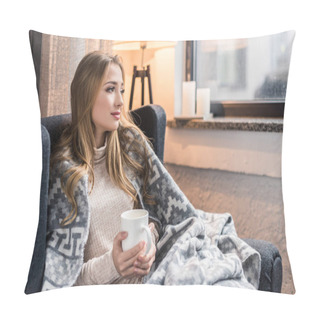 Personality  Thoughtful Young Woman In Warm Plaid With Cup Of Hot Drink Pillow Covers
