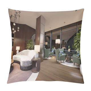 Personality  Lounge Area Of The Hotel In A Modern Style, With Fashionable Designer Furniture, Tables And Soft Armchairs. 3d Rendering Pillow Covers