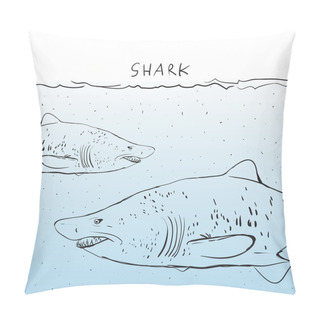 Personality  Two Great White Shark In The Water. Sketch. Black Outline On A B Pillow Covers