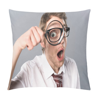 Personality  Shocked Businessman In Glasses With Funny Face Expression Looking In Magnifier On Grey Background Pillow Covers