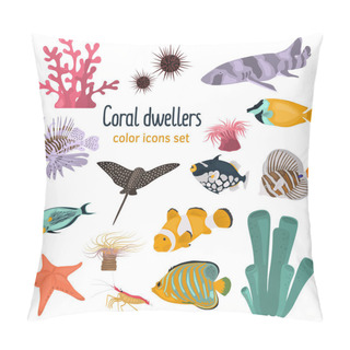 Personality  Animal Coral Reefs Color Flat Icons Set For Web And Mobile Design Pillow Covers