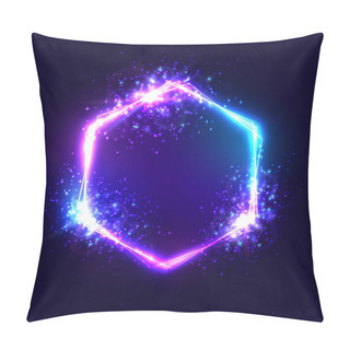 Personality  Neon Hexagon Frame Purple Pink Violet Color On Dark Blue Background. Vector Template Of Wiring Neon Frame With Soft Backlight. Celebration Sign With Explosion Particles Sparkle. Electricity Background Pillow Covers